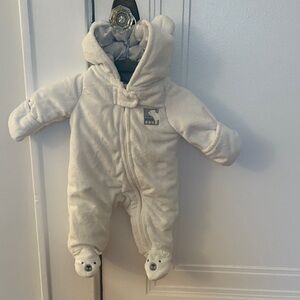 Simple Cream Plush Hooded Baby Bunting with Bear Feet